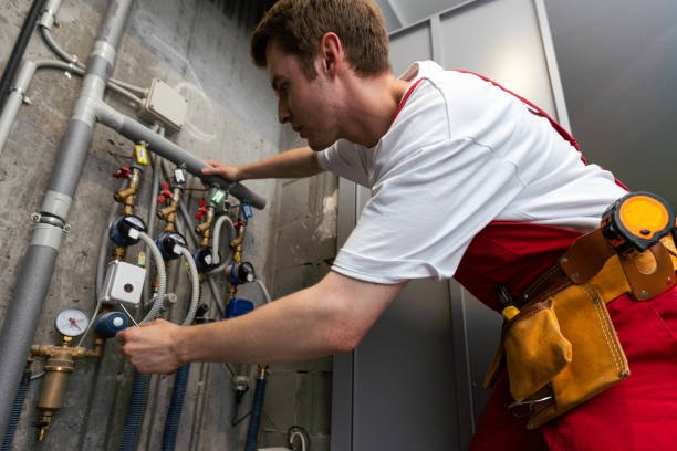 Male plumber fixing water meter, offering central heating services in Plantation, FL.
